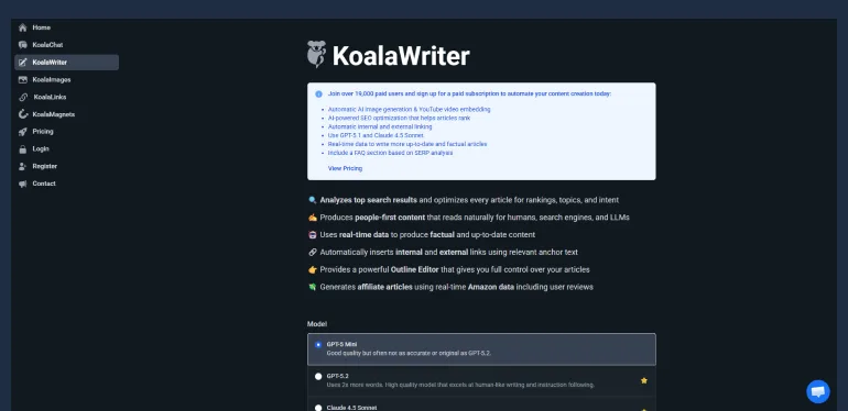 Koala Writer AI tool for affiliate site content 2026