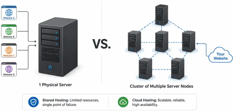 Shared Hosting vs Cloud Hosting Diagram