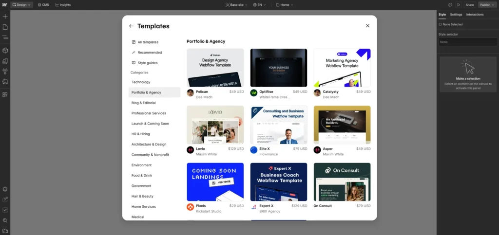 Choosing a portfolio template in the Webflow template library