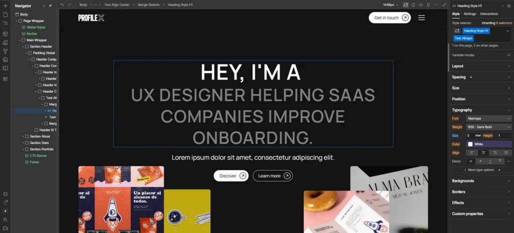 Editing the hero section of a portfolio homepage in Webflow