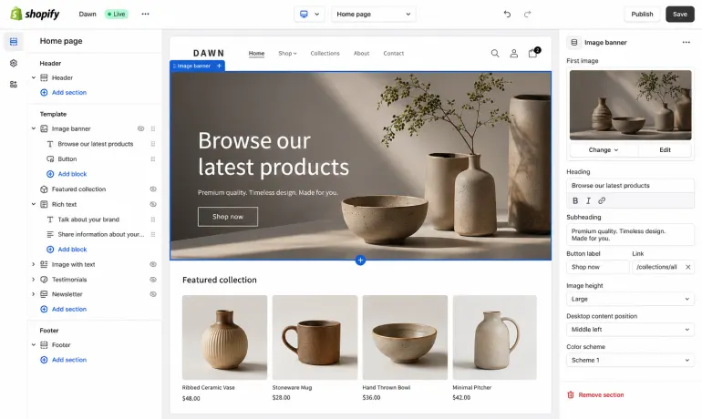 Shopify theme editor showing how to customise a free theme without coding